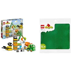 LEGO 10990 DUPLO Baustelle mit Baufahrzeugen, Kran & 10980 DUPLO Bauplatte in Grün, Grundplatte für DUPLO Sets, Konstruktionsspielzeug für Kleinkinder, Mädchen und Jungen