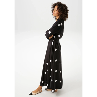 Blusenkleid ANISTON CASUAL, Damen, Gr. 46, N-Gr, schwarz-weiß (schwarz, weiß), Web, Obermaterial: 100% Viskose, gemustert, gepunktet, figurumspielend knöchelfrei, V-Ausschnitt, 1-Knopf-Manschette, Kleider Blusenkleid, mit kontrastfarbigen Punkten - jedes Teil ein Unikat