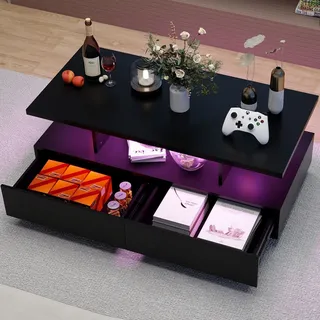 Couchtisch Wohnzimmertisch mit LED Beleuchtung Beistelltisch Bluetooth 105x55cm - schwarz - 50 cm X 40 cm X 105 cm