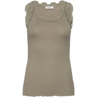Tanktop ROSEMUNDE "Babette Silk Top mit Seide", Damen, Gr. XS, grün (khaki), Feinripp, Obermaterial: 70% Seide, 30% Baumwolle, körpernah hüftlang, tiefer Rundhals, Tops Tanktop, Vintage-Spitzenbesatz, breite Träger, feminin, bequem, Seidenmix