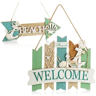 com-four® 2x Hängedeko aus Holz - Türschild im Küsten-Design - maritime Vintage Wanddeko für Bad, Küche, Flur, Wintergarten, Gästezimmer - dekorativer Aufhänger (2 Stück - Zaun + Pfeil grün-blau)