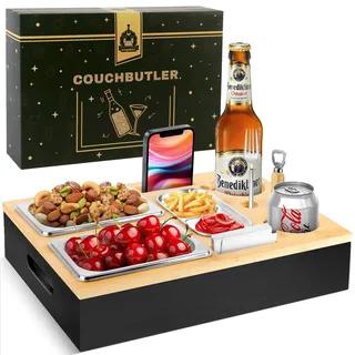 Herenear Couchbar, Snackbox Sofatablett, Couch Bar mit Geschenkbox, Snackspender mit Snackschale, Getränkehalter Flaschenhalter, Snackbar Organizer Abnehmbarer Deckel für Sofa (Schwarz)
