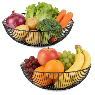 2 Stück Metall Obstschale 28x9 cm Durchbrochenes Design mit Dekorativem Muster, Praktischer Obstkorb für Gemüse, Obst und Brot Aufbewahrung – Moderner Drahtkorb als Elegantes Geschenk - Schwarz Matt