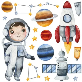 Wallfluent Wandaufkleber 130x174cm - Kleiner Astronaut , Multicolor , Kunststoff , Rechteckig , 130x174x0.1 cm , Tapeten & Wandverkleidungen, Wandtattoos & Sticker, Wandtattoos