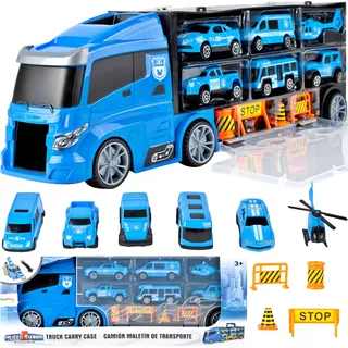 Malplay Grosse LKW mit Fahrzeuge Blau Autos und Hubschrauber Transporter Spielzeug Transport-LKW Autotransporter für Kinder ab 3 Jahren Geschenk