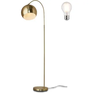 Bogenleuchte in Gold-Optik Finish aus Metall mit schwenkbarem Lampenschirm, E27 Fassung inklusive Leuchtmittel, Bogenlampe mit praktischem Fußschalter und stabilem Standfuß - Gold
