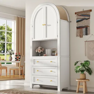Flieks Hochschrank mit gewölbter Oberseite, Highboard mit Leinenbezug, Küchenschrank im Retro-Stil, Schrank für Wohnzimmer Flur, weiß - Weiß