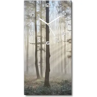 Wanduhr aus Glas – 30x60 cm - Glasbild - Glasuhr - Gehärtetes Glas -Nebel im Wald - Grau