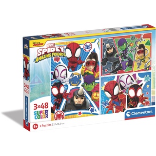 Clementoni - 25282 - Supercolor Puzzle - Marvel Spidey & His Amazing Friends - 3 Puzzle mit 48 Teile Ab 5 Jahren, Buntes Kinderpuzzle Mit Besonderer Leuchtkraft, Geschicklichkeitsspiel Für Kinder