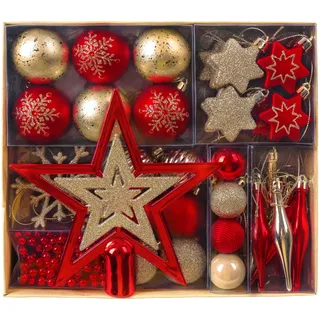 Valery Madelyn 52 Stück Weihnachtskugeln Set Christbaumkugeln Plastik mit Weihnachtsbaumspitze Luxuriöse Weihnachtskugeln Rot Gold für Weihnachtsdeko Thema Rot Gold