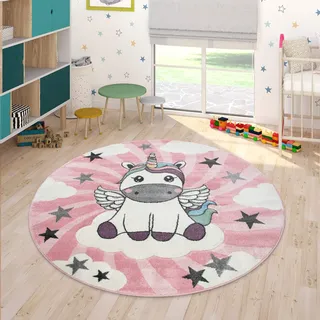 Paco Home Kinderteppich »Cosmo 395« rund 12 mm Höhe 3D-Design, niedliches Einhorn Motiv, Pastell-Farben, Kinderzimmer, pink