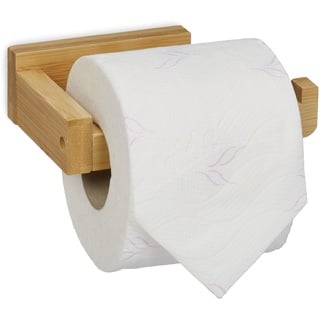 Relaxdays Toilettenpapierhalter Bambus, Klopapierhalter fürs Bad, Wand, klebend, Klorollenhalter HxBxT: 4x14x9 cm, Natur