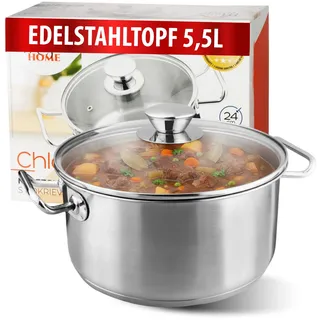 MAGIC HOME Bratentopf mit Deckel 24 cm 5.5 Liter | INDUKTION | Topf aus Hochwertiger Edelstahl | Großer Kochtopf, Glasdeckel | 24cm | Satin-Finish | Alle Herdarten, Induktionsherd | Suppentopf | Chloe