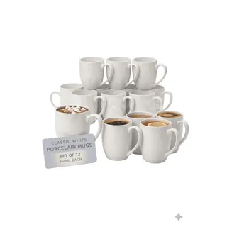 CUQOO Weiße Kaffeetassen, 12er-Set, 350 ml, Porzellan-Keramik-Teetassen mit Griff, großes Tassen-Set, spülmaschinen- und mikrowellengeeignet, große Tassen für Zuhause, Büro und Gastronomie