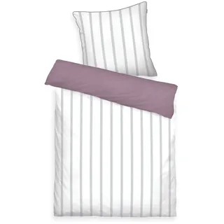 TOM TAILOR Satin-Bettwäsche, 60x80 cm + 140x200 cm, 100% Baumwolle/Satin, mit farbiger Paspel am Kissen, Wendemotiv und Markenreißverschluss, CLASSIC SATIN STRIPES Weiß, Lila (Cozy Mauve, Fresh Sage)