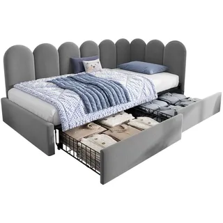 Modfu Polsterbett aus Samt 90x200 cm in Grau mit 2 Schubladen , Textil , 90x200 cm , Schlafzimmer, Betten, Polsterbetten
