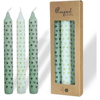 COMFORDER Stabkerzen Set bedruckt, 3x Tafelkerzen mit Motiven – kleine Herzen, 20cm, 7 Stunden Brenndauer (Grün + Weiß)