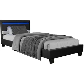 Juskys Polsterbett Paris mit Matratze und LED schwarz 90x200cm , Schwarz , Textil , 90x200 cm , Schlafzimmer, Betten, Polsterbetten