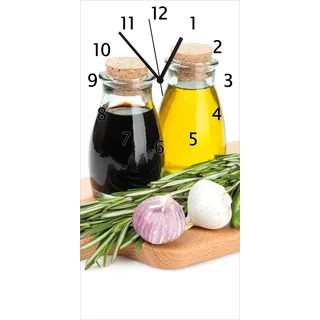 Wallario Design Wanduhr Gewürze, Kräuter und Öle auf einem Holz-Schneidebrett aus Echtglas, Größe 30 x 60 cm - Weiß