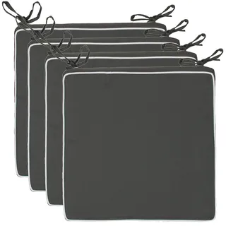 Brandsseller 4er Set Sitzkissen 40x40x4 cm – Wasser- & schmutzabweisende Stuhlkissen mit Bindebändern & Paspel – Für Innen & Außen – Garten, Terrasse, Küche – Anthrazit