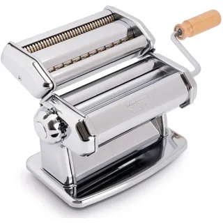 Imperia italienische Nudelmaschine mit zwei Klingen, Nudelmaschine für hausgemachte Pasta mit abnehmbarem Holzgriff, Silber
