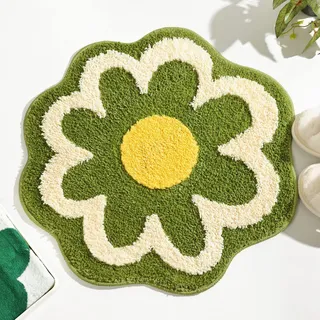 Dermalyx Grüner Blumenförmiger Badvorleger rutschfest Wasserabsorbierend Badezimmermatte, Niedlich Maschinenwaschbar Kleine Runde Florale Weiche Flauschige 60 X 60 cm