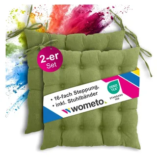 wometo 2er Set Sitzkissen 40x40 Oeko-TEX mit Bändern/Schleifen grün | gesteppte Sitzpolster / Stuhlkissen mit Steppung für Indoor und Outdoor, drinnen und draußen nutzbar, im Doppelpack