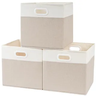 SOCOHOME Aufbewahrungsboxen Stoff,25x25x25cm Faltbare Aufbewahrungskörbe für Truhen Spielzeug Regal,Waschbar(Hellbeige/Weiß, 3 Pack)