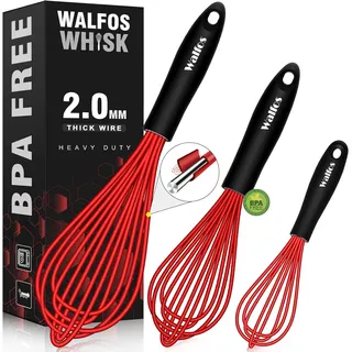 Walfos 3 Stück Schneebesen rot Silikon, Edelstahl Rührbesen Silikondrähte Ballonschneebesen, Küchen Schneebesen für Mischen, Schlagen, Aufschäumen und Rühren