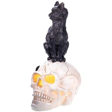 Skulptur Figur Kunststein schwarzer Kater auf Totenkopf Gothic Halloween