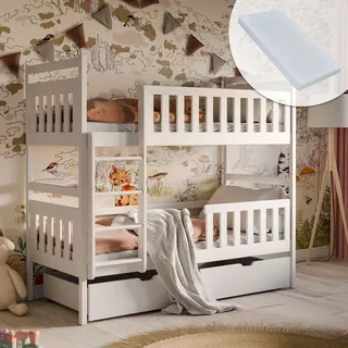 Hochbett 90x200 cm mit 2 Matratzen und 2 Schubladen Etagenbett mit Rausfallschutz und Lattenrost, umbaubar in 2 Kinderbetten, aus Vollholz in weiß - Weiß