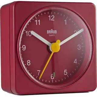 Braun Klassischer analoger Reisewecker, kompakte Größe, ruhiges Quarzuhrwerk, Crescendo-Alarm in Rot, Modell BC02R.