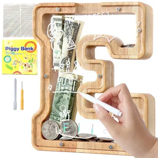 Lakpopya Spardose Kinder Buchstaben aus Holz für A-Z Personalisiert Sparschwein Durchsichtig Alphabet Sparbox, Geschenk Dekoration Taufe für Jungen Mädchen (E)