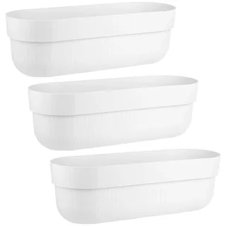 Engelland - 3 x Blumenkasten, Blumentopf, Farbe: Weiß, Pflanzkasten mit Wasserspeicher/Drainagesystem und Abstandshalter, 50 cm, PP-Kunststoff, Balkonkasten, länglich, formstabil