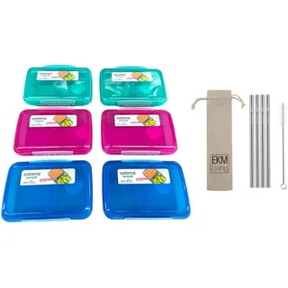 Sistema Lunchbox 6er Set Vorteilspack Familienset small Split 2fach unterteilt 350 ml 2x türkis, 2x pink und 2x blau 41518 + 4er Set EKM Living Edelstahl Trinkhalme