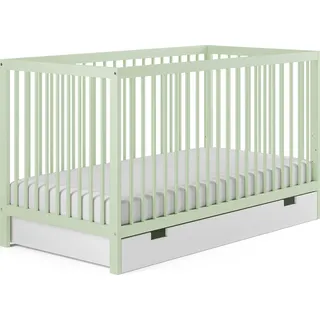 Babybett mit Schublade Kinderbett Gitterbett 60x120 & 70x140 cm höhenverstellbar & herausnehmbare Sprossen | 70x140 cm Buchenholz grün sehr stabil Europe - Grün