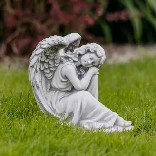 Massive Steinfigur wunderschöner schlafender Engel Grabengel Raumdeko Steinguss - grau - 24 cm