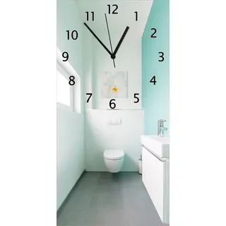 Wallario Design Wanduhr Badezimmer Gästetoilette Innenansicht - WC und Waschbecken aus Echtglas, Größe 30 x 60 cm - Türkis