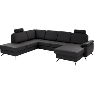 die planbar Wohnlandschaft Leder U-Form mit Kopfstützen 3-Sitzer Schwarz