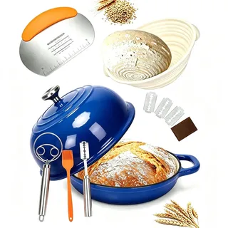 GFTIME Gusseisen Topf Brot Backen, Schmortopf Gusseisen Topf mit Deckel, Dutch Oven Brotbacktopf mit Gärkorb Einschneider Teigmischer Brotbackform für Schmoren, Braten, Sauerteig Starter Set,Blau