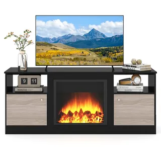 GIANTEX TV Schrank mit LED-Beleuchtung, Lowboard TV Board mit offenem Fach für elektrischem Kamin, Fernsehschrank Fernsehtisch für Fernseher bis zu 65 Zoll, TV Kommode TV Lowboard 147 x 40 x 60 cm
