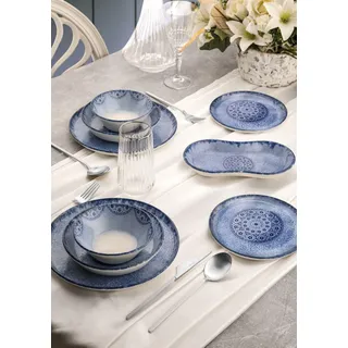 27-Piece Blue Dinner Set, 100% Porcelain | Includes Service Plates, Bowls, Dessert Plates & Boat Plates | Dishwasher & Microwave Safe | Elegant Dining Experience
