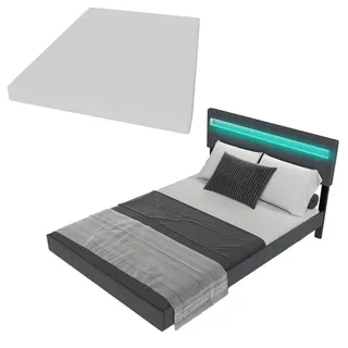 Juskys Schwebebett Lissabon Dunkelgrau 140/200 cm Leinen mit Matratze , Textil , 140x200 cm , Schlafzimmer, Betten, Polsterbetten