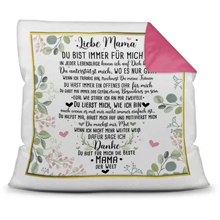Print Royal Kissen mit schönem Spruch für Mama - Danke Mama - Geschenk für die Beste Mama zum Muttertag - inkl. Füllung, Farbkissen Rückseite Pink, 40x40 cm
