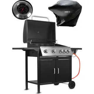 MalTec Gasgrill 4+1 Brenner mit Abdeckung | Gartengrill BBQ Grillwagen | Thermometer | 14,5 kW | 2 Seitenablagen | 2 Räder
