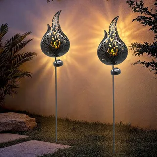 2.06 Solar Gartenstecker FEUER im 2er Set - ca. 92x17x17 cm - Garten Deko Feuer Ball beleuchtet - Schwarz, Gold