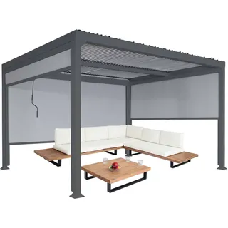 Alu Pergola HWC-L41 mit 3x Seitenwand, Lamellen-Pavillon, stabiles 8cm-Metall-Gestell 3x3,7m anthrazit - Grau
