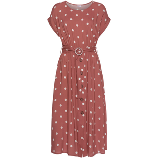 Midikleid LASCANA "mit Punktedruck und Taschen, Blusenkleid", Damen, Gr. 34, N-Gr, beige (marsala, creme, bedruckt), Web, Obermaterial: 100% Viskose, gepunktet, figurumspielend ca. Mitte Wade, Rundhals, Aufschlag, Kleider Midikleid, elegantes Sommerkleid aus Webware, Viskosekleid, Tupfenkleid, feminin, Topseller