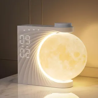 RETEYUNG Mondlampe mit Tageslichtwecker, 2 Wecker, Mondlicht RGB 8 Colors, 10 Natürlicher Klang, Nachttischlampe 3 Stufige Nachtlicht Wake up Light für Schlafzimmer Wohnzimmer