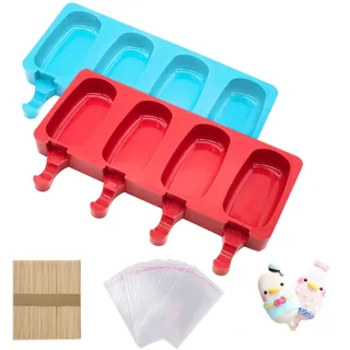 Eisformen Eis Am Stiel Silikon 2 Stück, Eis am Stiel Formen mit 4 Hohlräumen & Cake Pop Backform – Inkl. 50 Holzstielen + 50 Beuteln | BPA-frei, Spülmaschinengeeignet für Eis, Kuchen & Schokolade